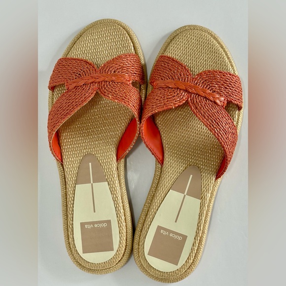 DOLCE VITA Raffia Bow Slide Sandals Orange & Cream NWOT Size 7.5 - Picture 7 of 10